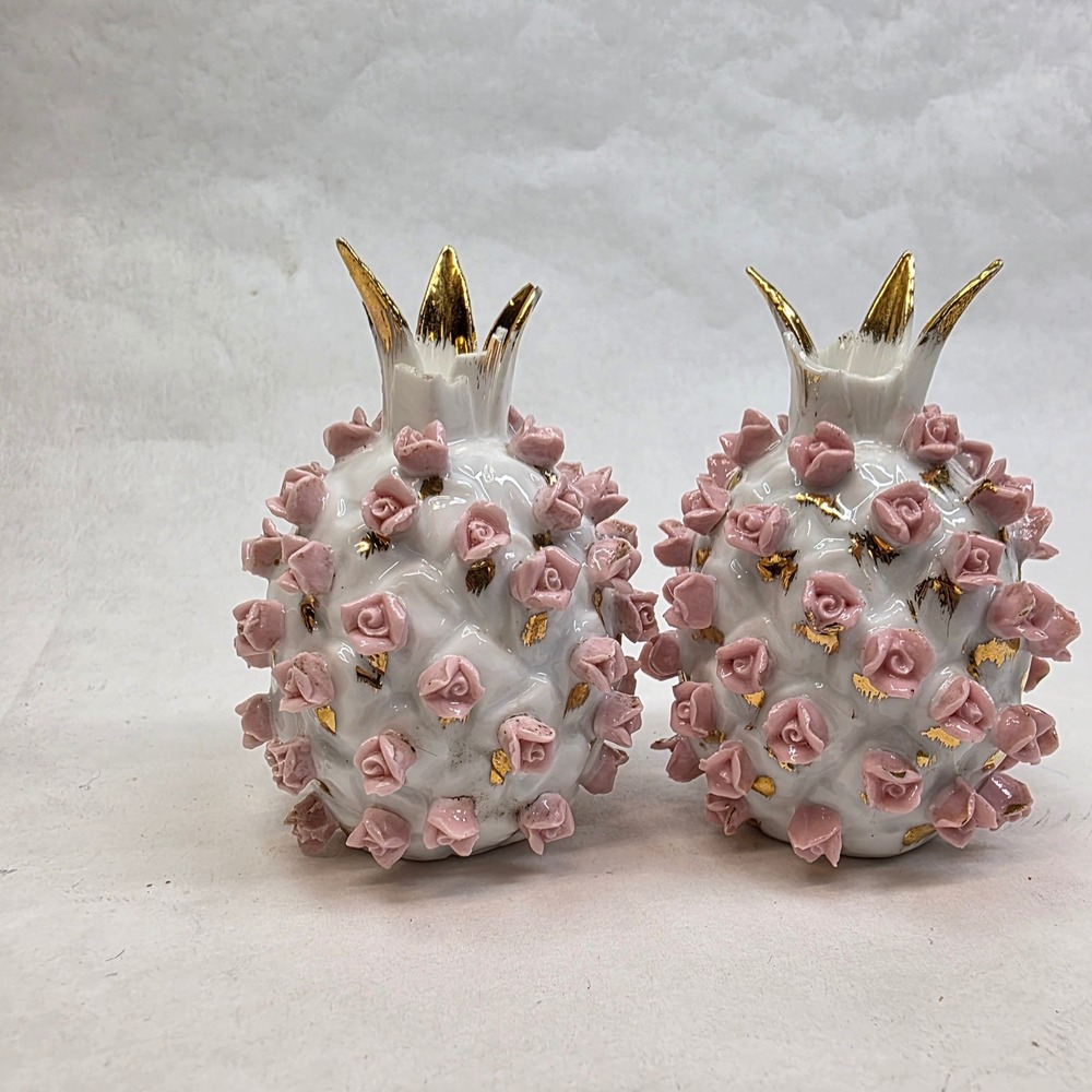 Vtg Salt and Pepper Shakers Pink Rose Gold Pineapple KW3053 Japan FAIR Cond READ - Picture 4 of 10